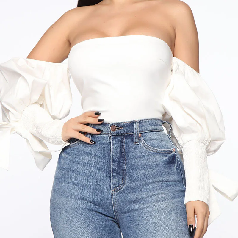 Women's Off Shoulder Strap Rope Lantern Sleeves Wrapped Chest Short Blouse Top T Shirt Crop Top