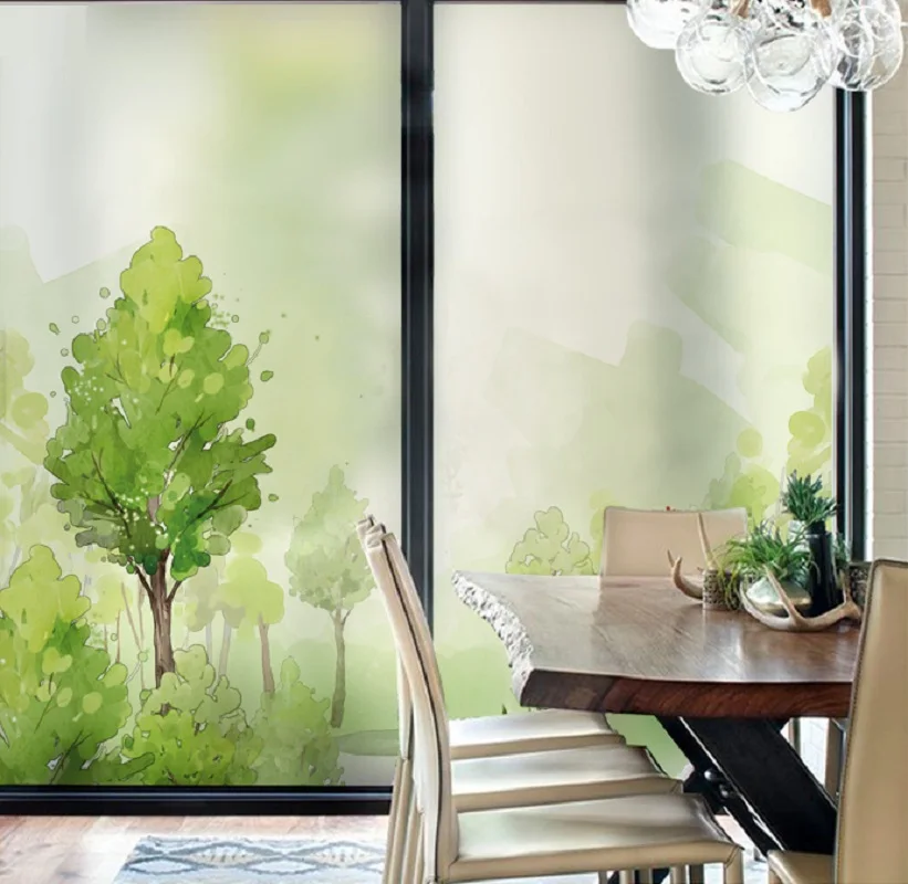 Статическая прозрачная стеклянная пленка размер на заказ узор с зеленым деревом
