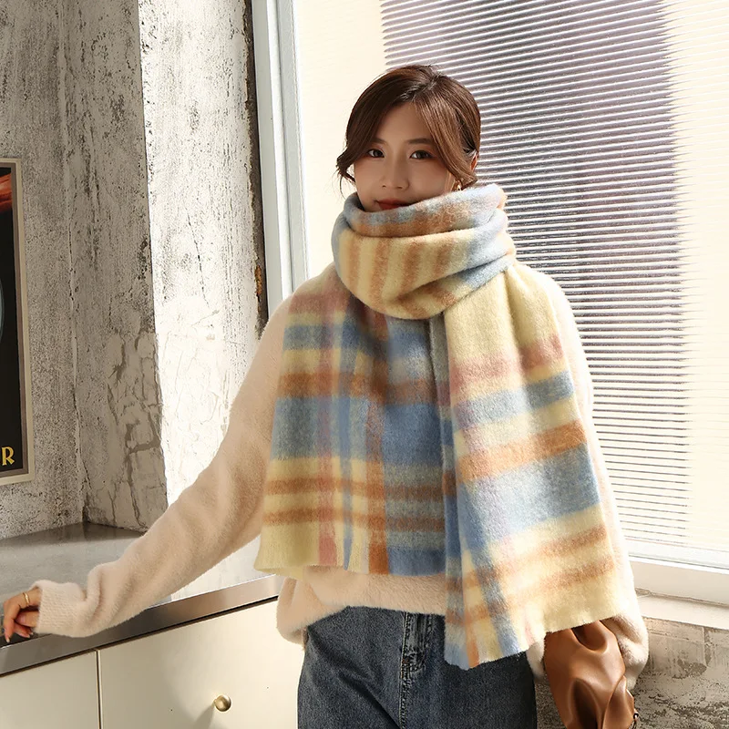 

New Candy Color Plaid Warm Scarf Women's Winter Long Soft Glutinous Gentle Color Matching Plaid Shawl Scarf Dual-Purpose