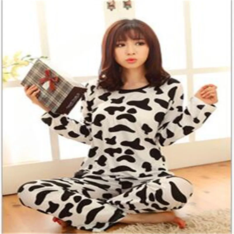 

2021 Autumn Yellow Cartoon Cow Pajamas Set For Women Trousers Casual Sleepwear Kawaii Pijamas Long Sleeve Warm Woman Homewear