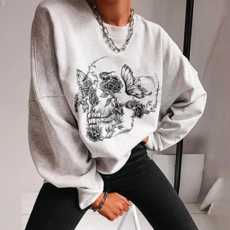 

Gray Skull Print Oversized Sweatshirt Women Vintage Streetwear O Neck Long Sleeve Casual Pullover Fashion Tops 2021 Autumn New