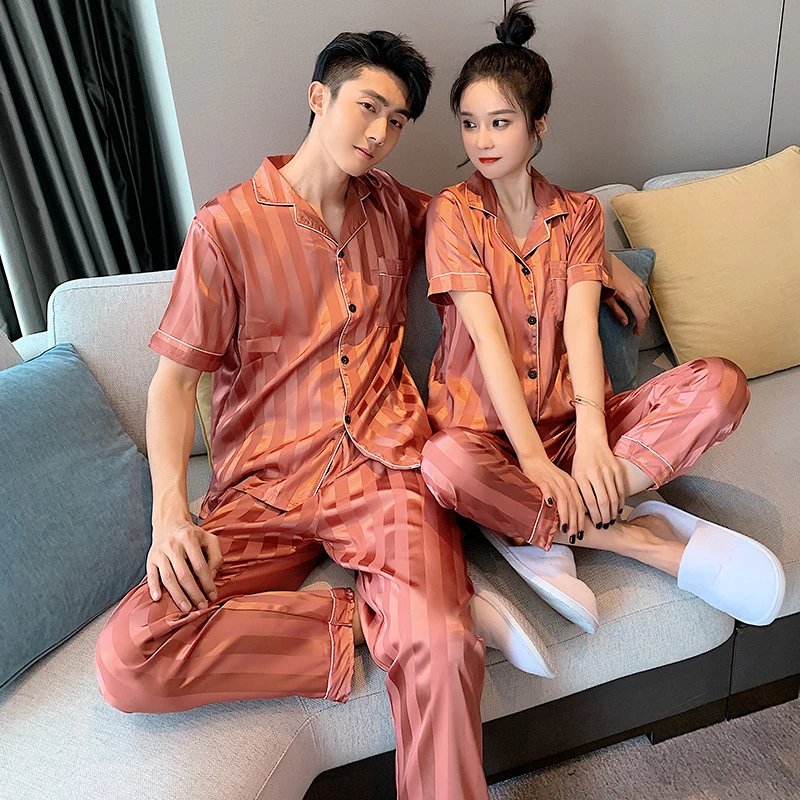 Пижама с коротким рукавом для мужчин и женщин шелковая пижама женская летняя