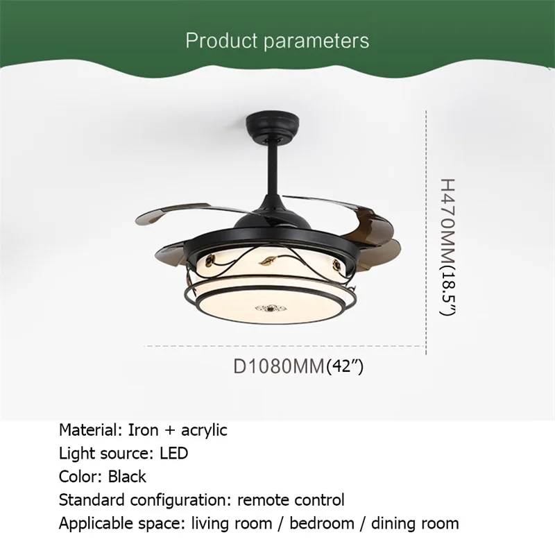 

8M Modern LED Ceiling Fan Light Black With Remote Control 3 Colors LED For Home Dining Room Bedroom Restaurant