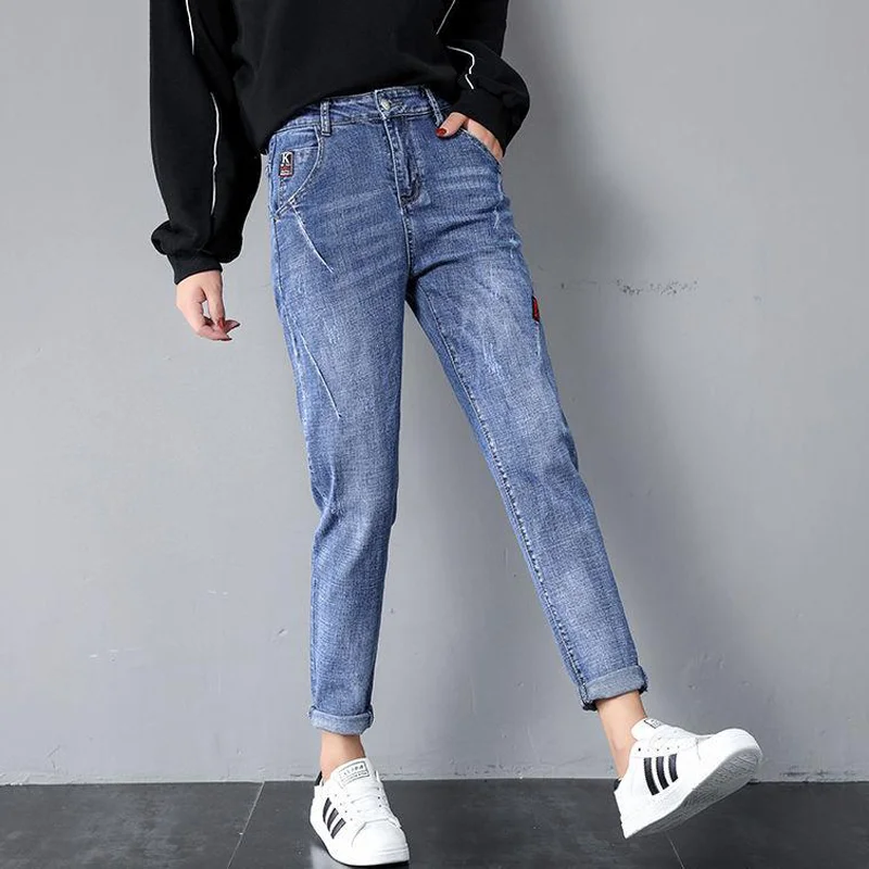 

Plus Size 34 Fashion Scratches Baggy Jeans High Waist Harem Pants Women Street Bf Style Denim Ankle Pant Wash Vintage Blue Jeans
