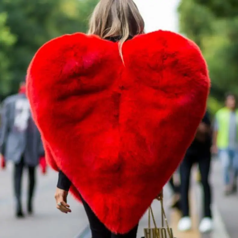 Женская Шуба в форме красного сердца из искусственного лисьего меха длинная с