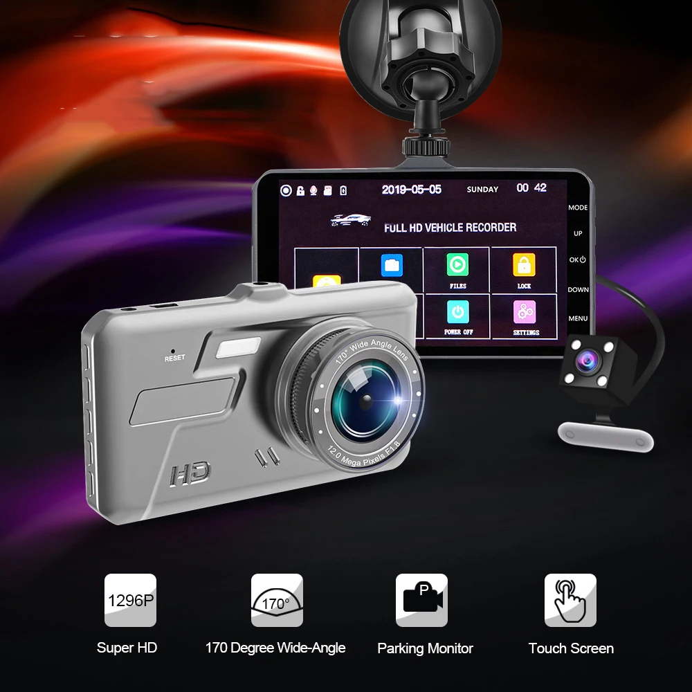 Автомобильный видеорегистратор 4 ''с двумя объективами HD 1080P с сенсорным