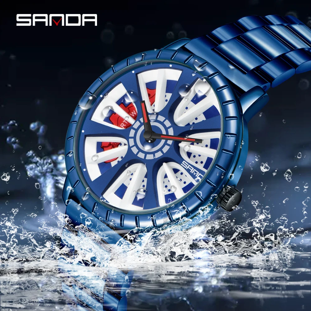 

Mens Sports Watch 3D Hollow Car Wheel Dial Quartz Watch Mesh Steel Strap Waterproof Sport Watches Cool Male Relogio Masculine