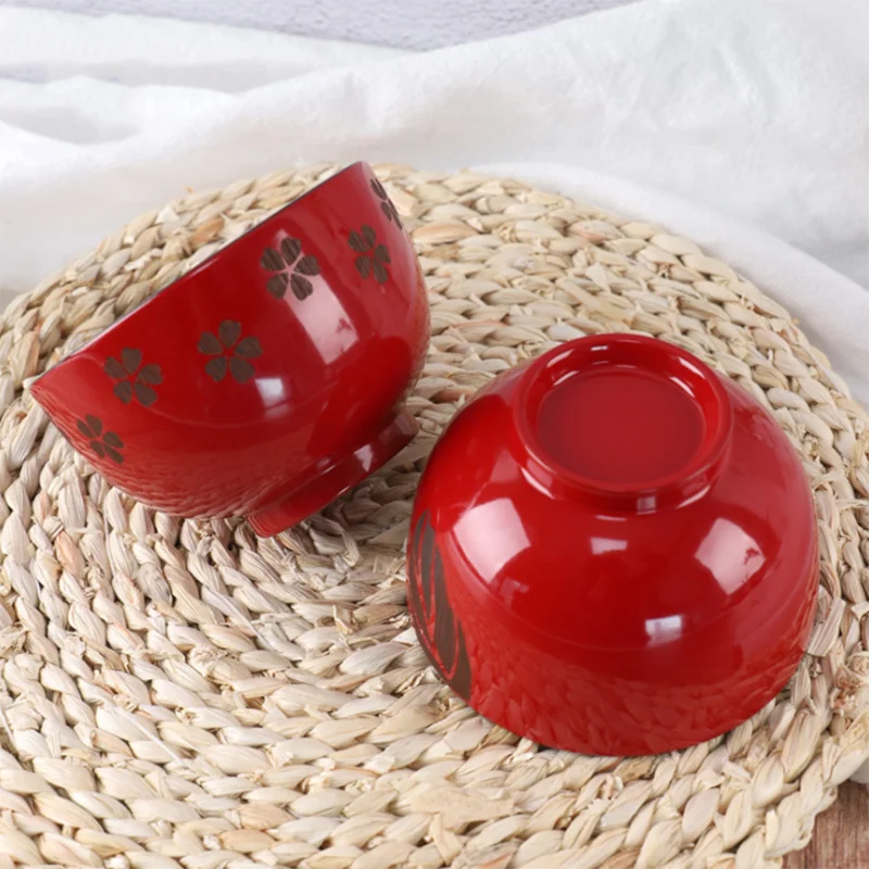 Деревянная посуда в японском стиле чаши с красным цветочным рисунком листьев