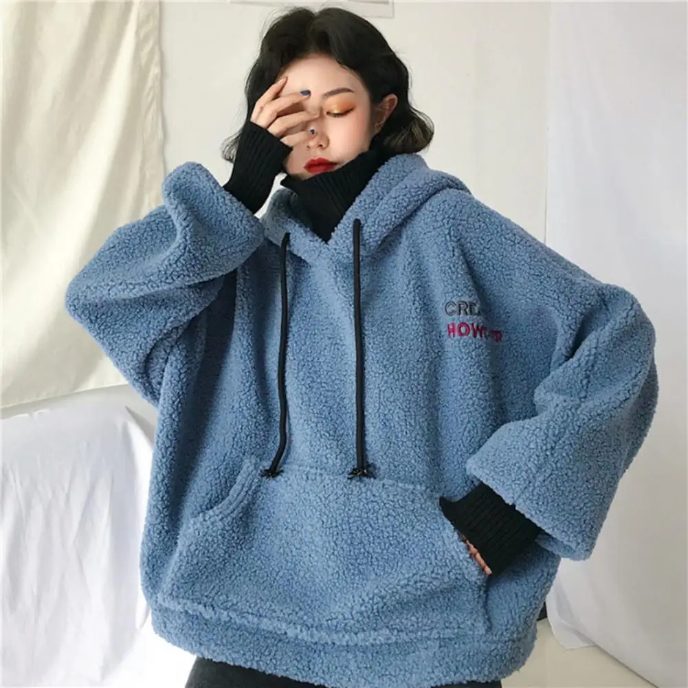 New Autumn Winter Thick Warm Coat Faux Fleece  Women Hoody Sweatshirt Solid Blue white Pullover Casual Tops Lady Loose