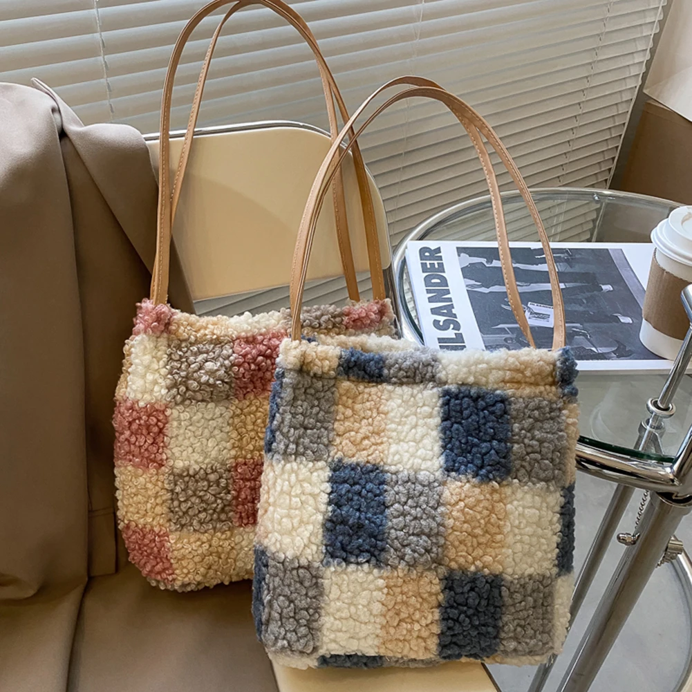 

Vintage Plaid Pattern Female Shoulder Bag Fashion Women Big Capacity Fleece Handbag Ladies Daily Totes