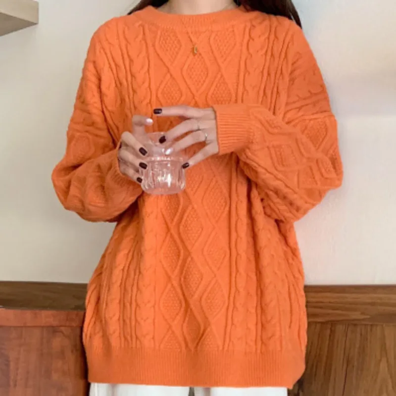 

Новинка, женский свитер с круглым вырезом, вязаные свитера с длинным рукавом, вязаный джемпер, Женская Повседневная прямая куртка, однотонн...