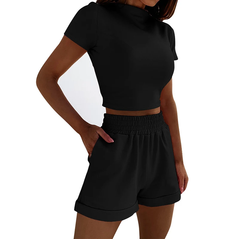 

Casual Suit Solid Color Irregular Stitching Short-sleeved High-waist Cropped Shorts Suit