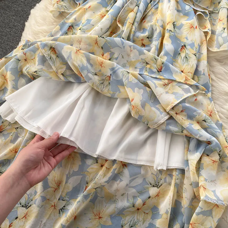 

Floral Printed Pink Dress Elegant Fairy Chiffon Ruffle Beach Maxi Dress Flare Sleeve Lace Up Boho Dresses Women 2021 Vintage New