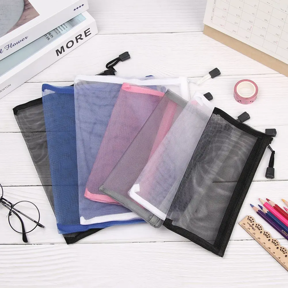 Simple Transparent Mesh Document Bag Transparent Zipper Stationery Bag Nylon Bag Pencil Case Office Student School Supplies