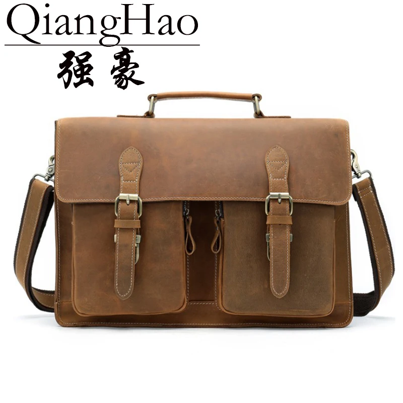 

QiangHao Large Capacity Big Size 100% Genuine Leather Briefcase Men Messenger Bags Cowhide 15.6" Laptop Business Travel Bag