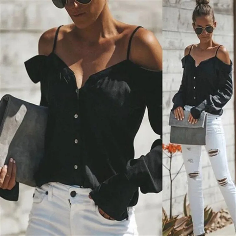 

Women 2021 Off Shoulder Blouse Sexy Women One-shoulder V-neck Long-sleeved Solid Color Sling Shirt summer women top