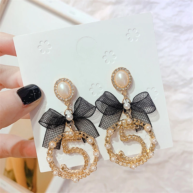 S925 Silver Number Letter 5 Earrings for Women Korea Fashion Brand Pearl Lace bow Rhinestone Drop Earrings Jewelry Z050