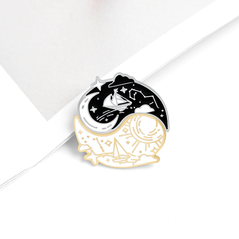 

QIHE Jewelry Sun Moon Star Drifting Boat Enamel Pins Yin Yang Opposition Brooches Badges Fashion Pin Gifts for Friends Wholesale
