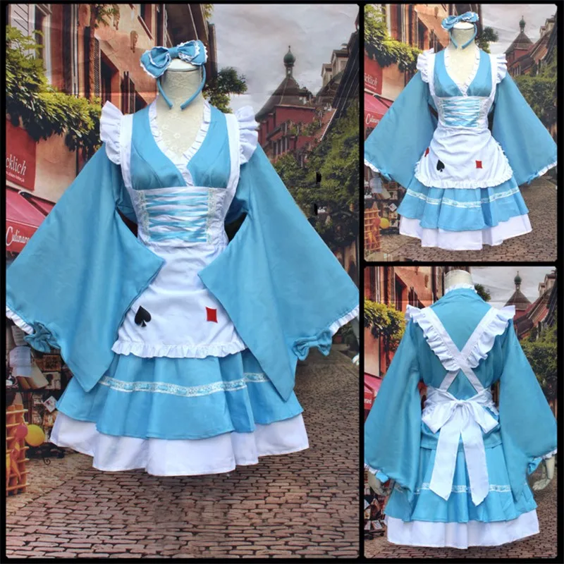 

Anime Cosplay Cartoon Halloween Woman Japanese Cartoon Lolita Blue Kimono Maid Dress Poker Costume Headdress + Top + Skirt