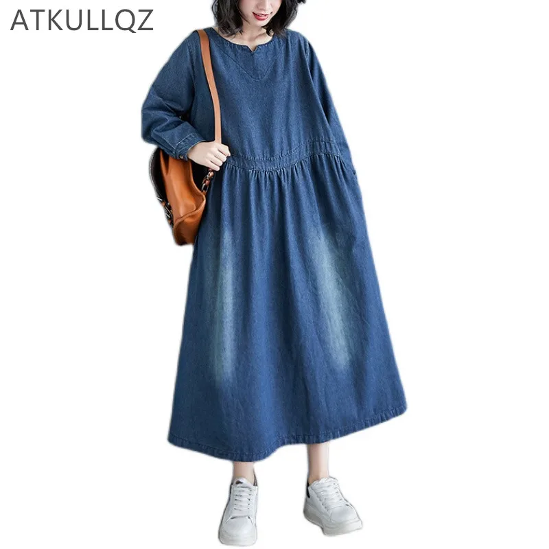 

Denim Stitching Long-sleeved Dress Women New Autumn Korean Version of Loose Large Size Loose and Thin Over-the-knee Long Skirt