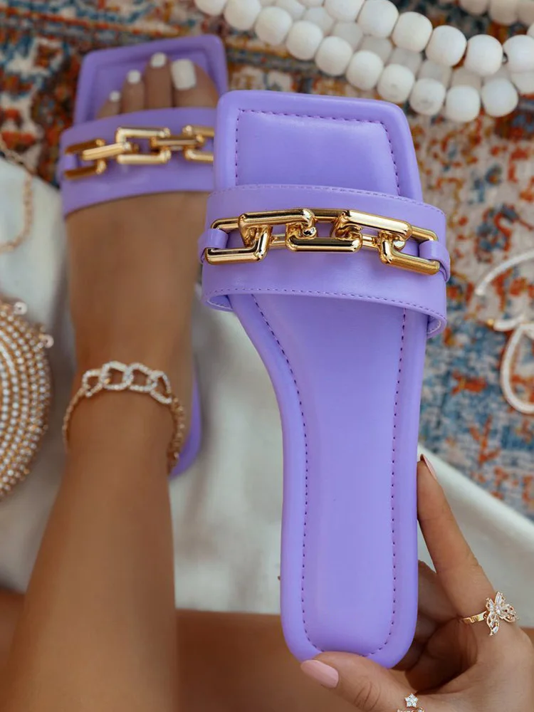 

Womens Slippers 2021 Summer Transparent Chain Luxury Square Head Flat Heel Female plus size outdoor beach comfortable Sandals