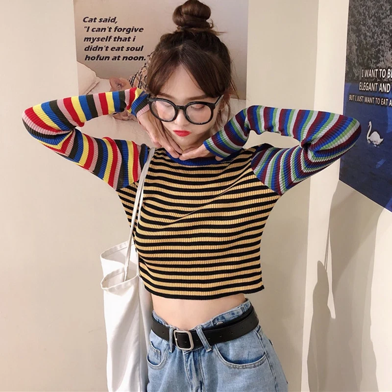 

Women Striped Knitted Tee Tops Long Sleeve Casual Shirts Fashion Slim Short Sweater Female Crop Tops Sweet sweaters