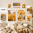 Плакат на холсте, с изображением осеннего леса, шоссе, озера, тыквы, белки, деревни