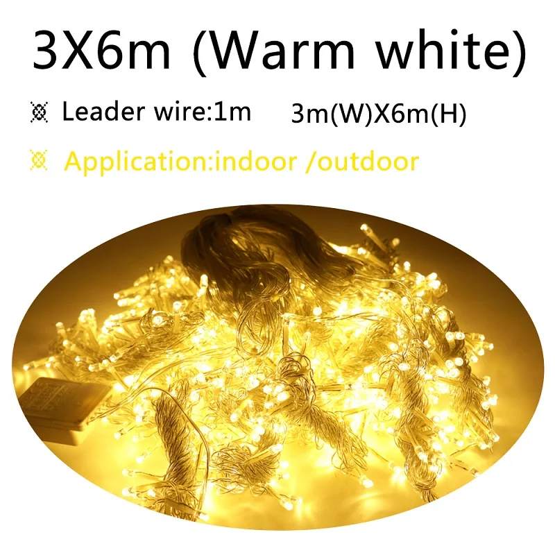 6M x 3M warm white 2 м* 2 м, 3 м* 3 м, 6 м* 3 м, Сказочная гирлянда, сосулька, светодиодный светильник для занавесок, для улицы, дома, Рождества, свадьбы, сада, вечерние, 220 В, 110 В - Цвет: 6M x 3M warm white