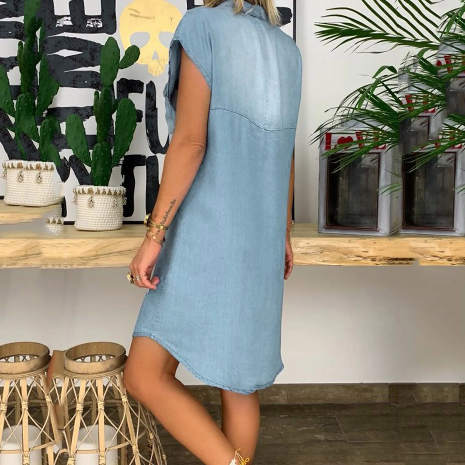 

2021 New Women's Casual Turndown Neck Dress Loose Daily Denim Party Dresses Sleeveless Swing Dress High Quality Comfy Dresses