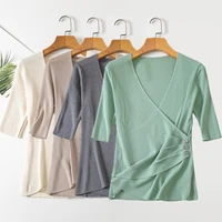 v neck t shirt women korean style knitted sweater short sleeve pullovers ice silk solid color slim chic tops tee female