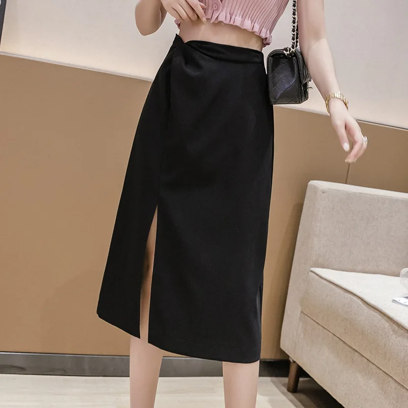 

Summer new pure color irregular high waist thin black slit pleats wrap buttock for women long tulle pleated asymmetrical skirt