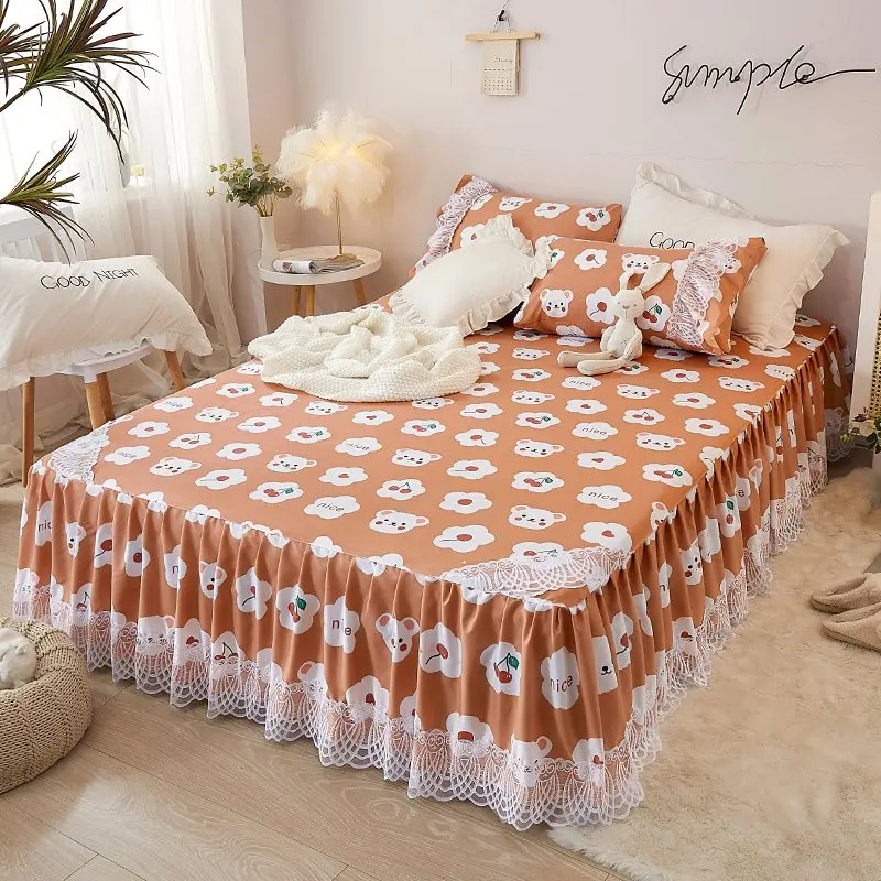 

SEFINNA Lace Bedskirt Floral Ruffled Bed Skirt Bedroom Girl Non-Slip Mattress Bedspread Cartoon Bedcover with 2 Pcs Pillowcases