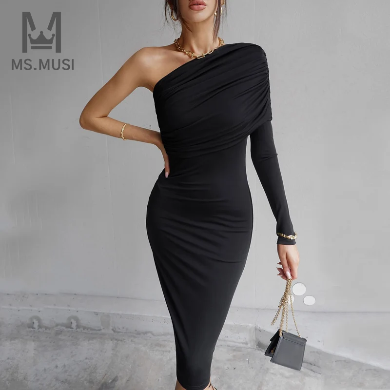 

Новинка, модное женское сексуальное черное платье-миди MSMUSI на одно плечо, с длинным рукавом и драпировкой, клубвечерние вечернее женское платье, платье знаменитости