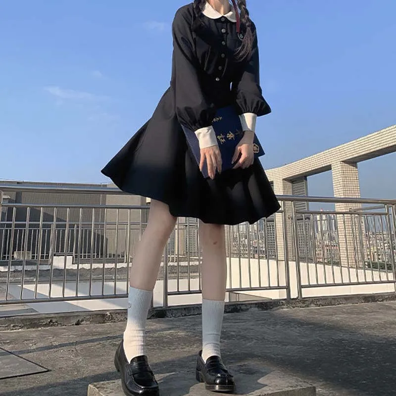 

QWEEK Harajuku Gothic Dress Women Japanese Lolita Girl Style Kawaii Peter Pan Collar Black Mini Dress Casual Jk Clothes 2021