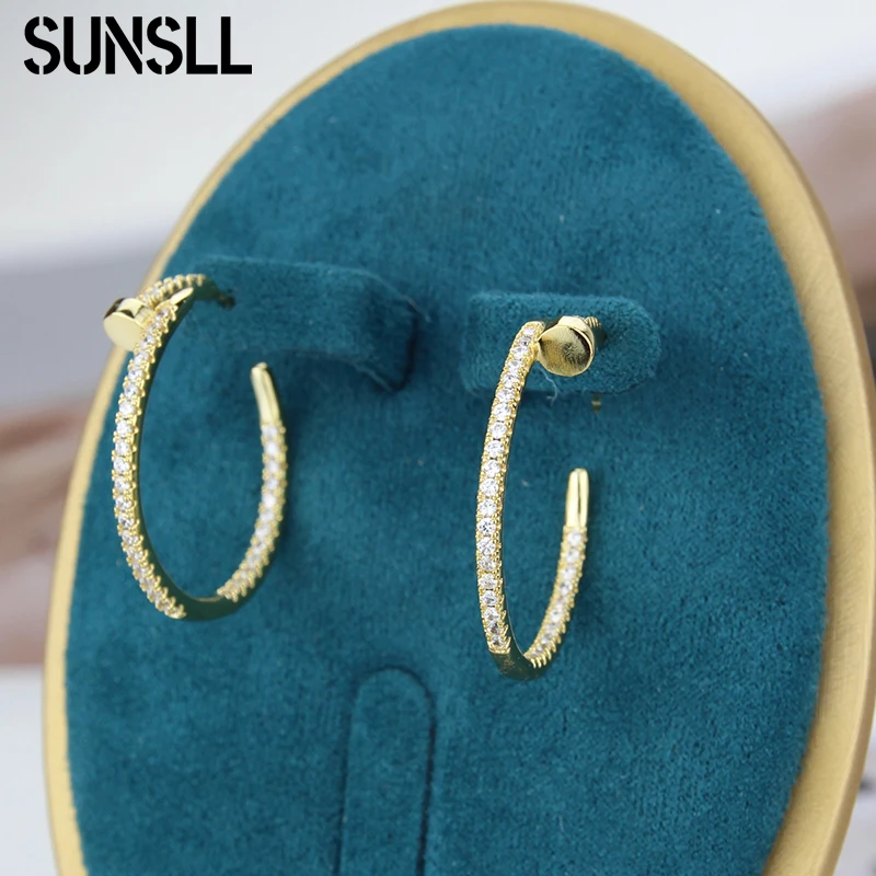 

SUNSLL Round Cubic Zirconia Design Hoop Earrings Gold Silver Color Tack Shape Stud Earrings For Women Party Trendy Jewelry Gifts