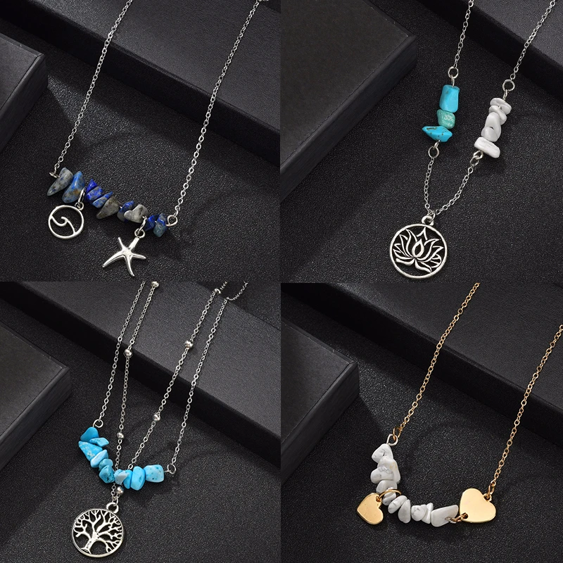 DIY серебро Лотос жизни Дерево случайные красочные натуральный камень ожерелье