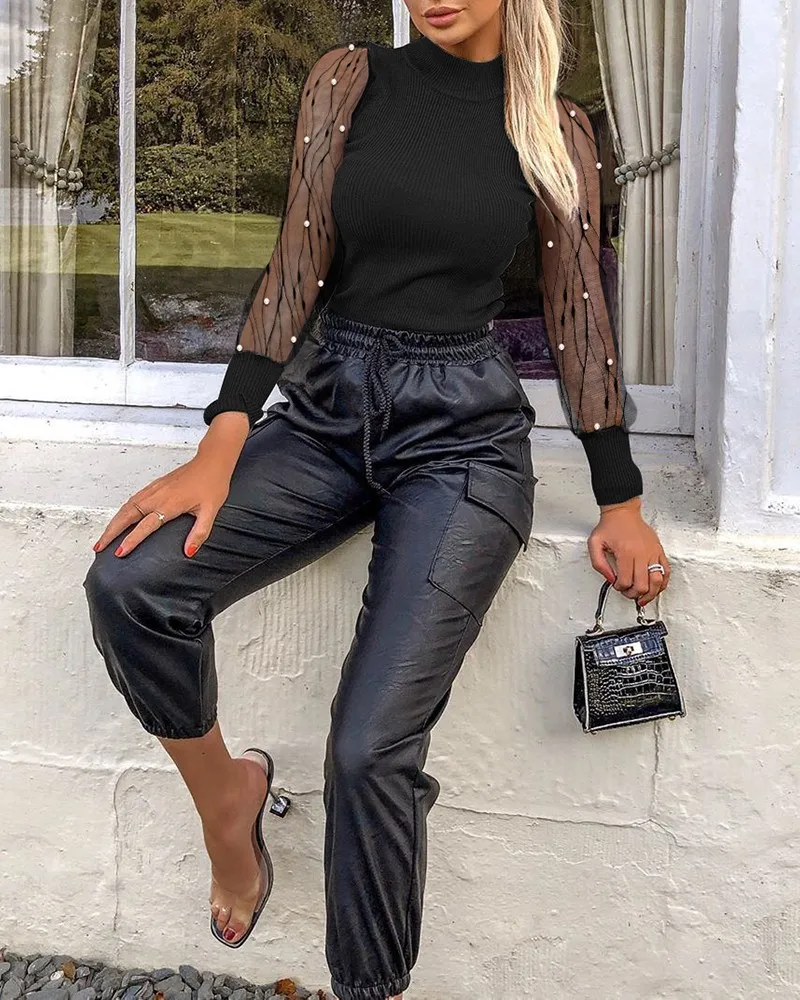 

Solid Mesh Patchwork See Through Beaded Detail Blouse Vintage blouses woman 2019