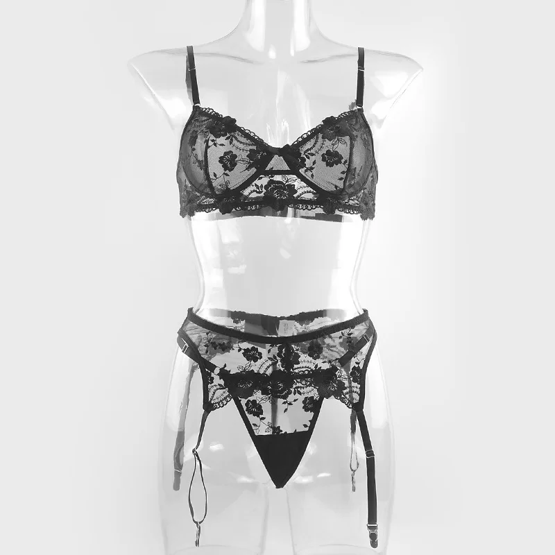 

Sexy Lace Bra and Panty Set with Garter Belt Women's Lingerie Y-Line Adjustable Shoulder Strap Transparent Brief Bra Sets