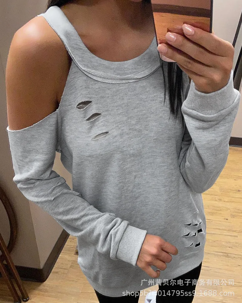 

2021 New Light Gray Off Shoulder Long Sleeve Casual Women's Sweatshirts