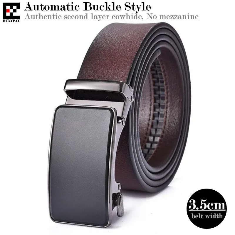 Authentic 3.5cm Width Men Genuine Leather Belts,Second Layer Cowhide Automatic Buckle Waistband,with Belt Buckle L:110-120cm