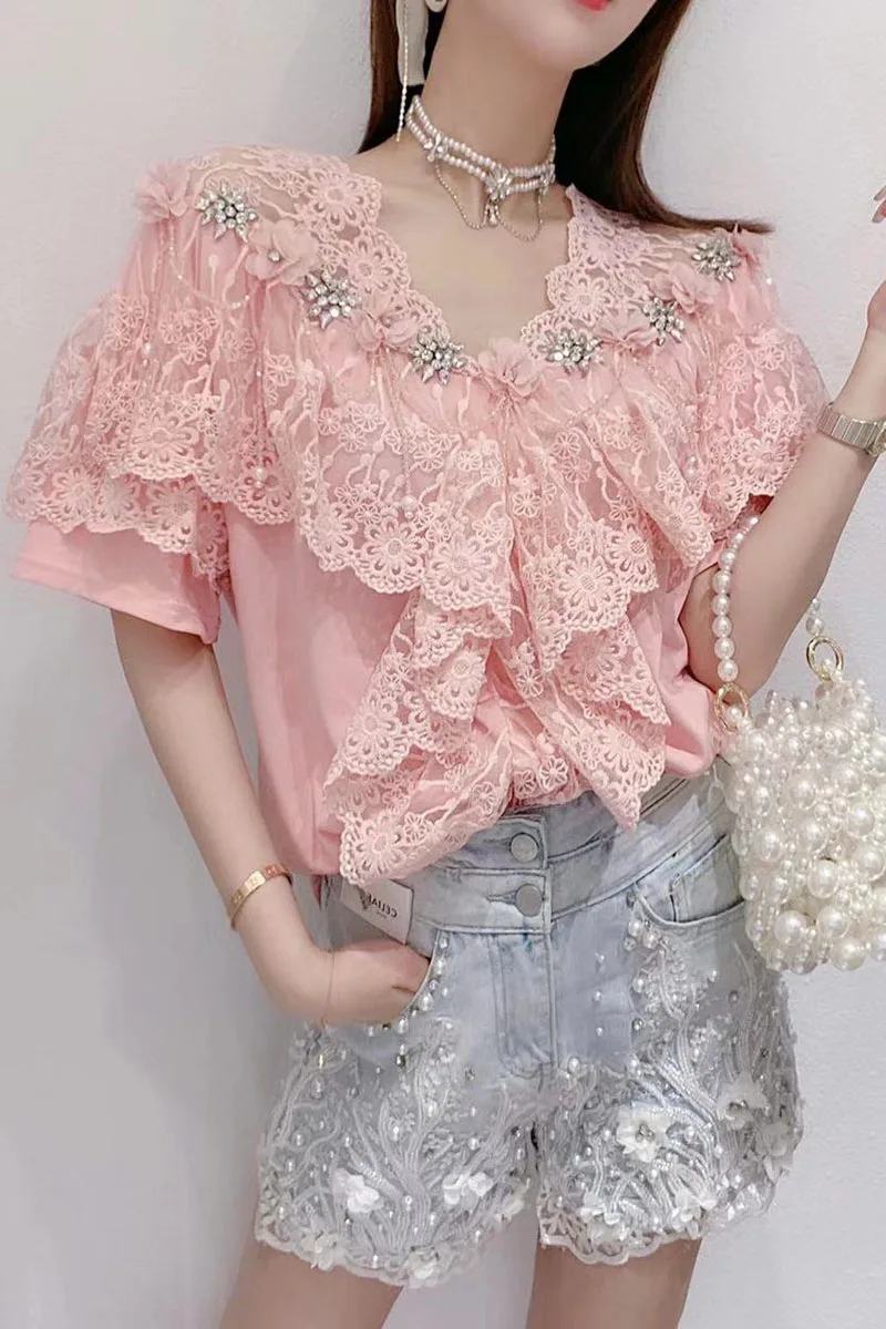 

2021 Summer New Korean Style Sweet Diamond Lace Ruffled Stitching Loose Top T-shirt with Short Sleeves Women