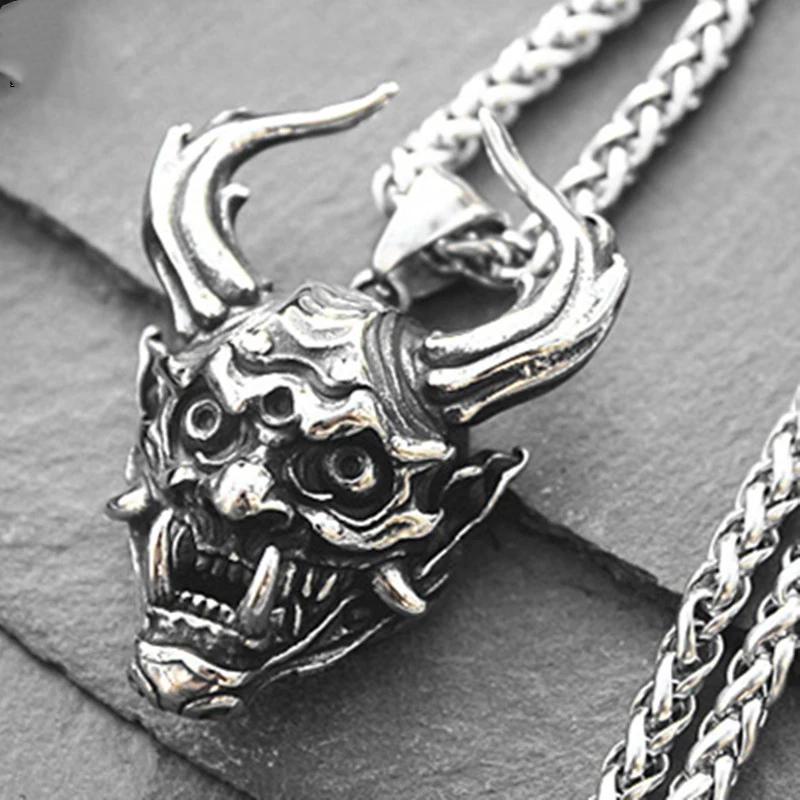 

[316L Stainless Steel] Personalized Retro Scary Evil Spirits and Red Prajna Pendant Necklace Men's Necklace Jewelry
