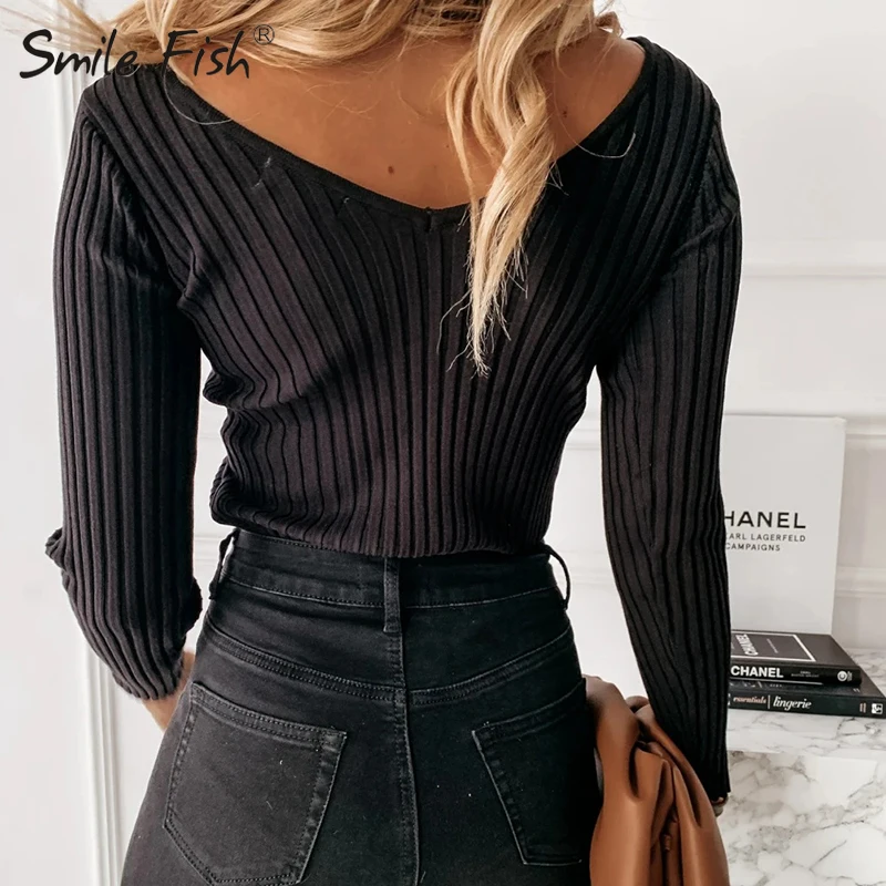 

Autumn Winter Casual Bodycon Tees Long Sleeve Tops Solid Khaki Black Office Lady Tops Shirt Women Sexy V-Neck 2020 Female G1970