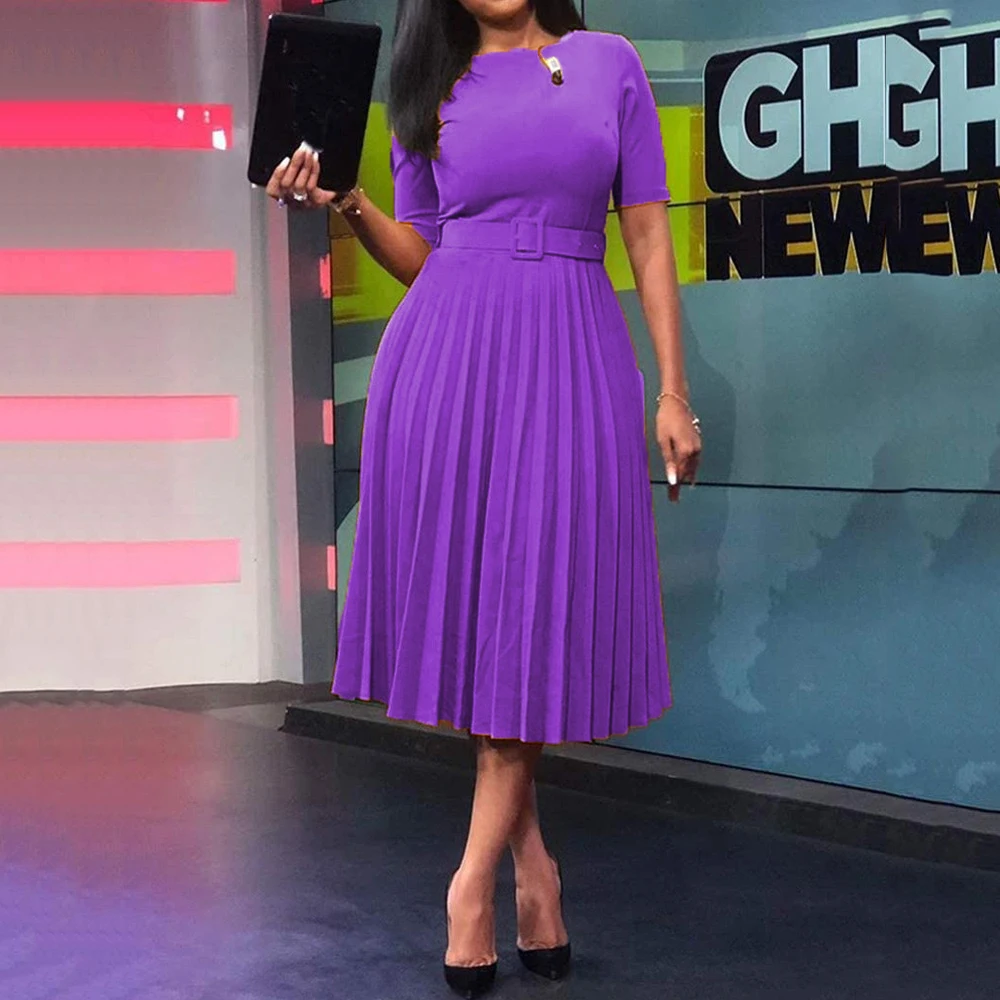 

Elegant Pleated Dress Women Summer New African A line High Waist Purple Office Work Business Fashion Lady Midi Dress With Belt