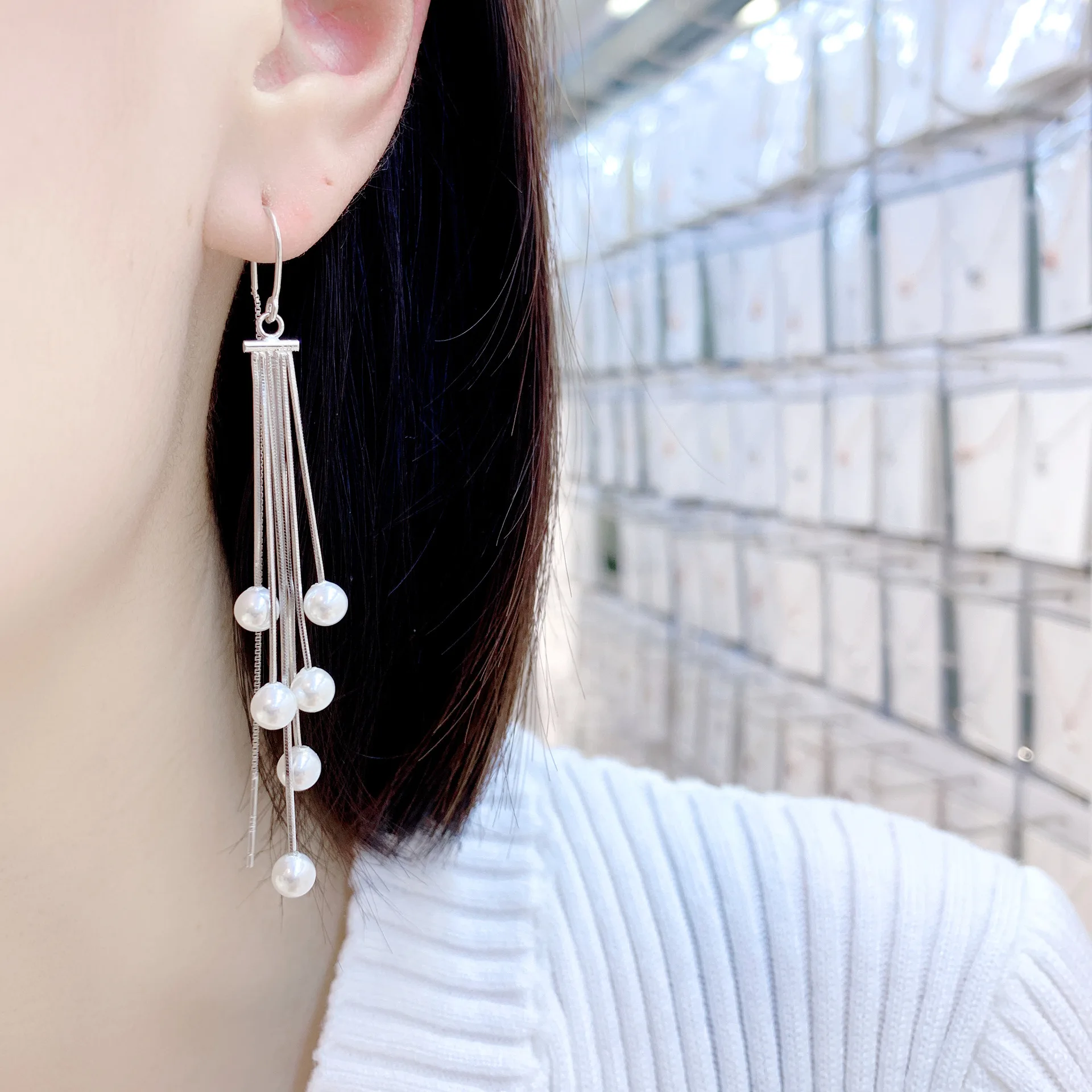 

Viwisfy Long Pearl Tassel Wedding Jewelry Gift For Girl Solid 925 Sterling Silver Drop Earrings Women VW21359