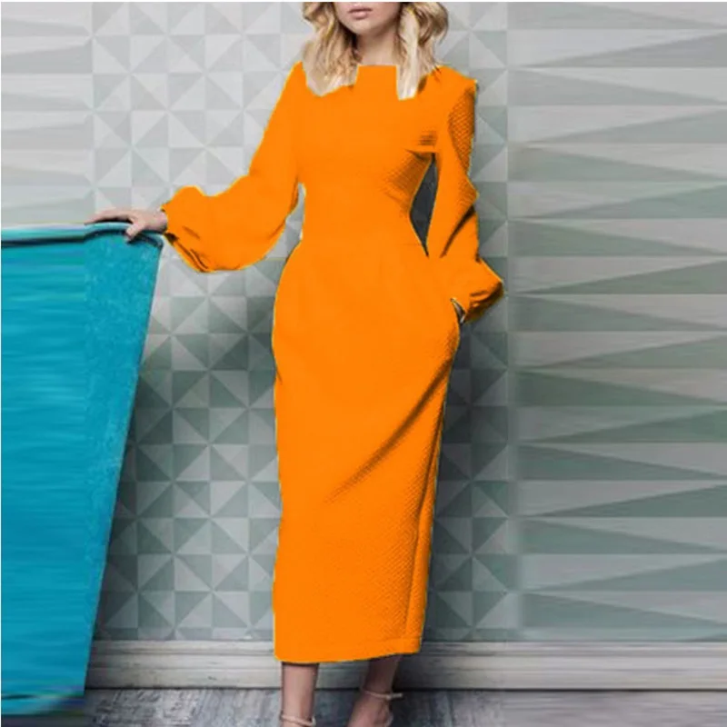 Новое модное осеннее женское элегантное офисное платье однотонное тонкое ретро