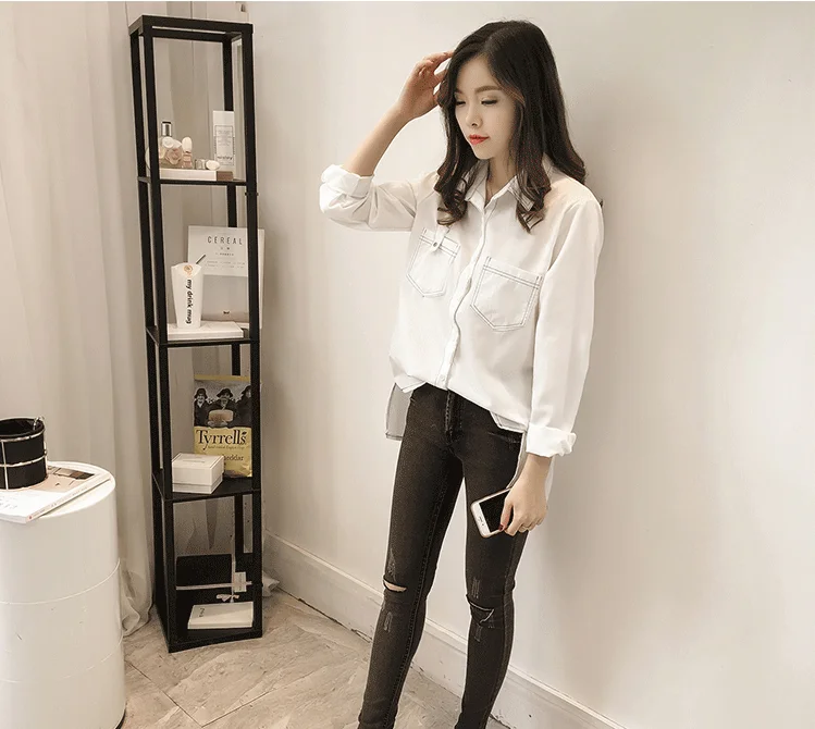 

Houthion Women's Blouses Long Sleeve Top Retro Blouse Breasted Shirt New Solid Chiffon Summer Fashion Casual Korean