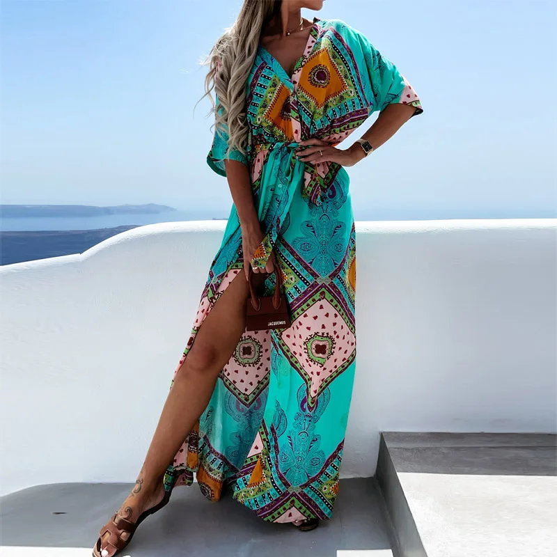 

Women Casual Loose Boho Maxi Dress Summer Sexy V-Neck Button High Split Party Dresses Fashion Print Elegant Lace-Up Beach Dress