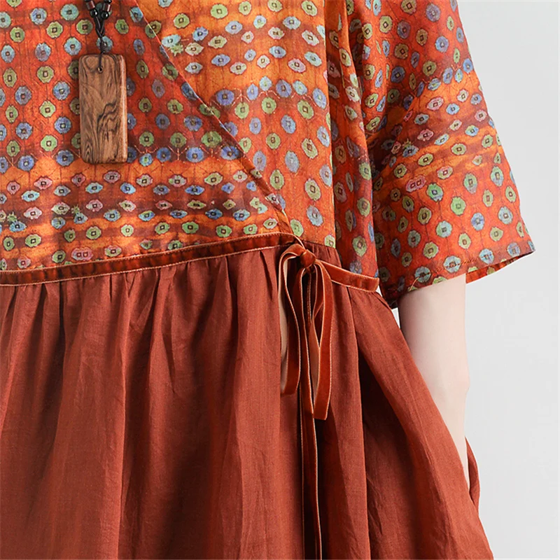 Женские винтажные платья из ткани рами Johnature разноцветные в стиле пэчворк с