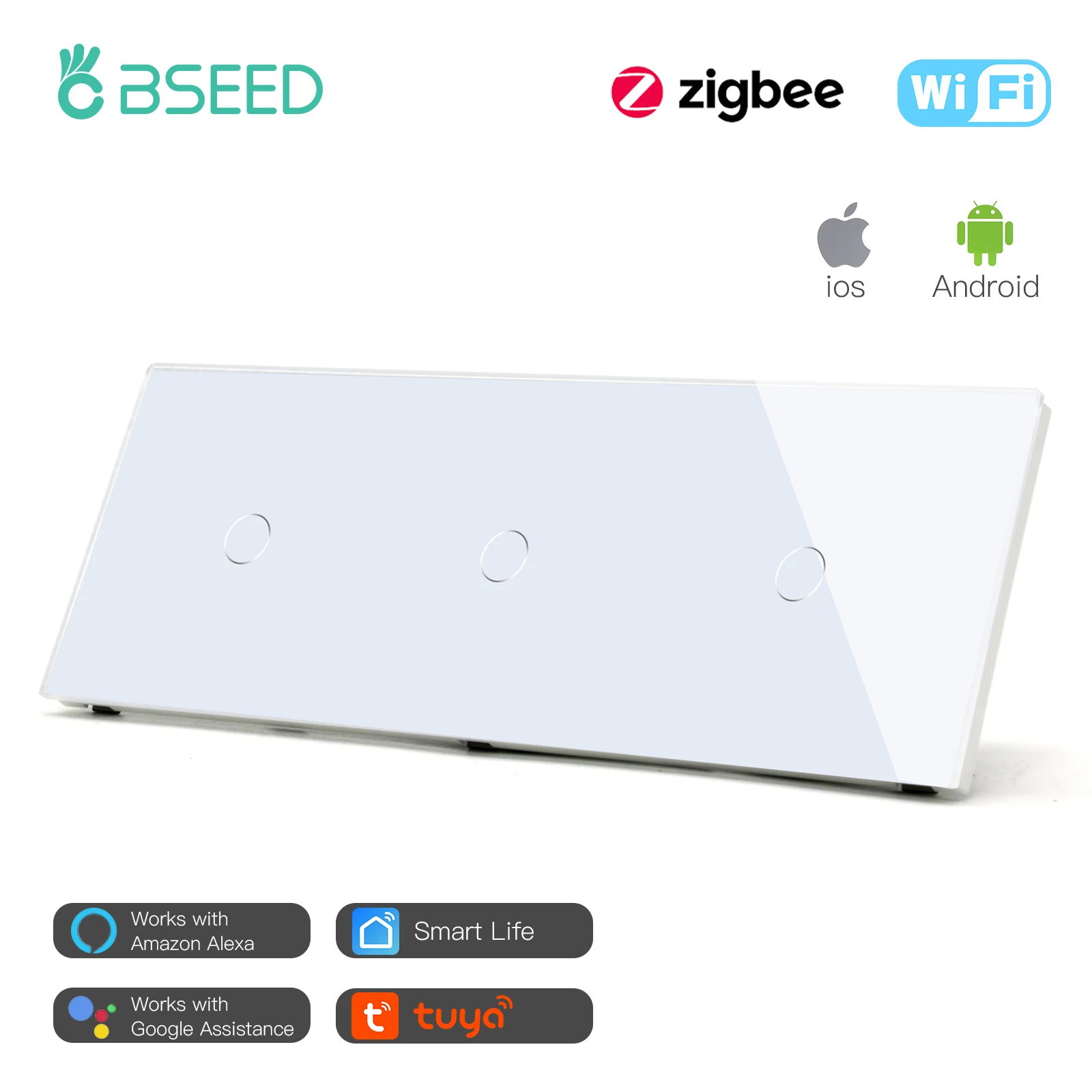 Bseed New Zigbee Smart EU Single Live 228mm Touch Light Switch Glass Panel Smart Switches Alexa Smart Life Compatible